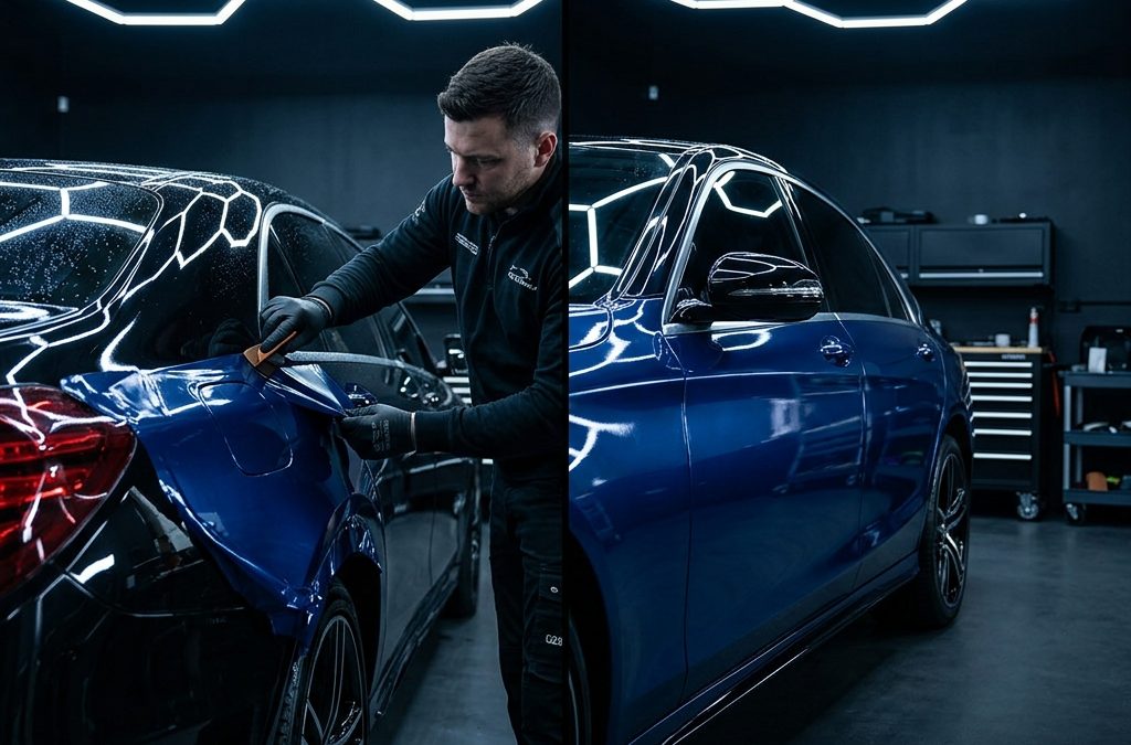 Vergleichsbild Auto folieren vs Auto lackieren in professioneller Werkstatt