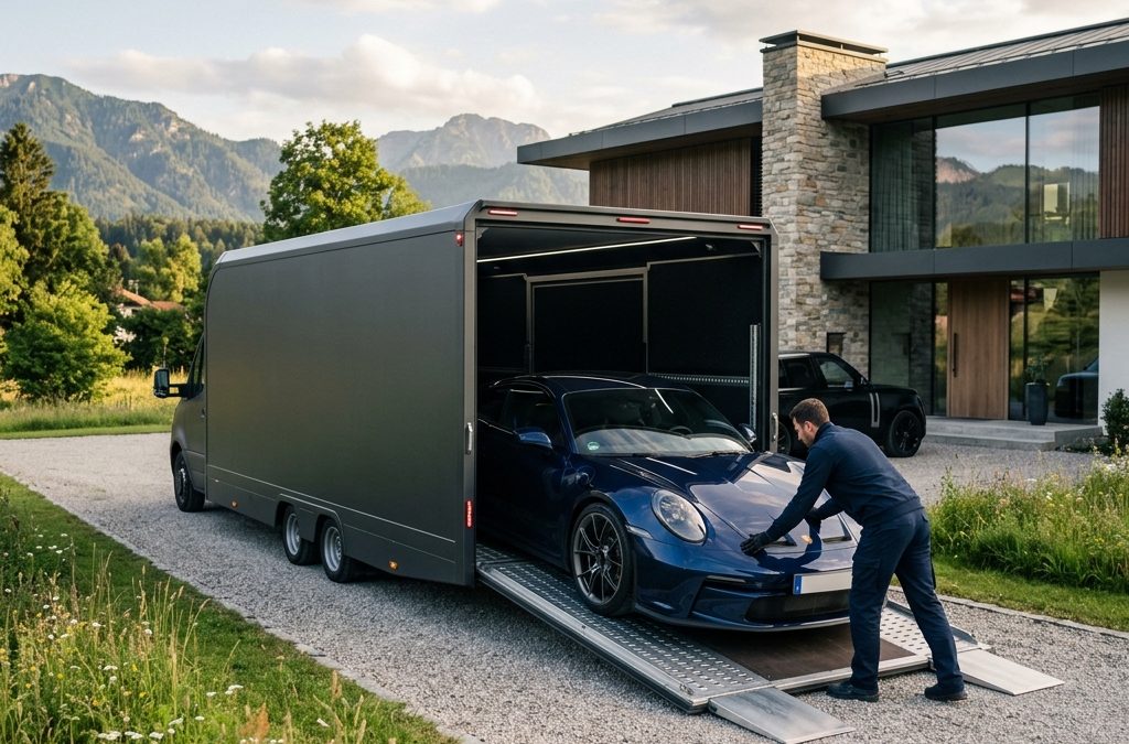 Geschlossener Autotransporter holt Sportwagen für Fahrzeugaufbereitung ab