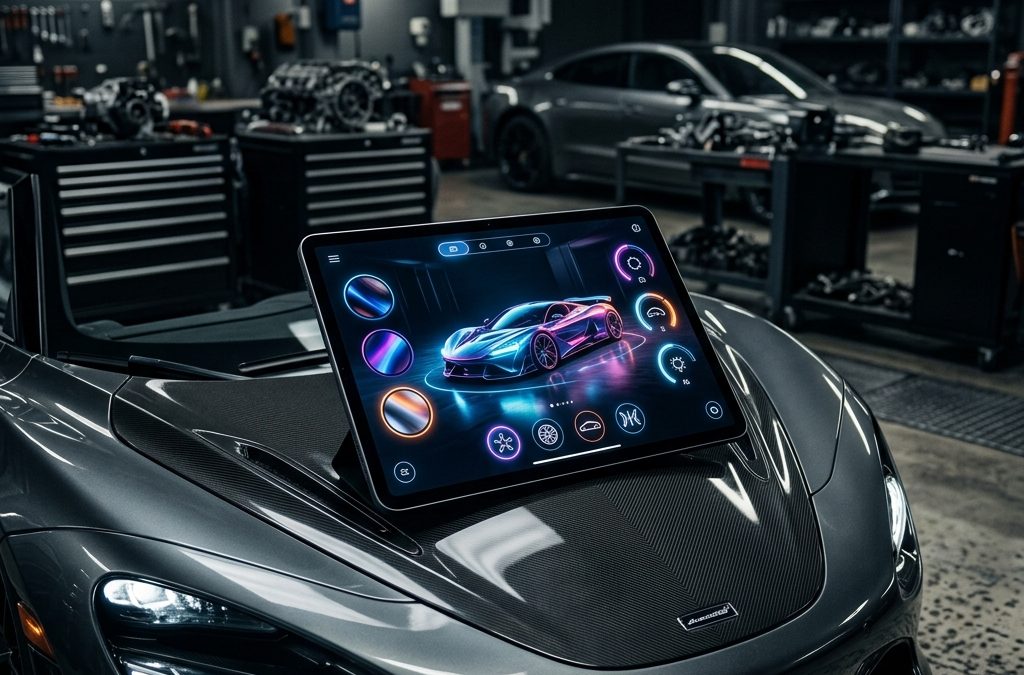 Tablet zeigt modernen 3D KI Auto Konfigurator für Folierungen